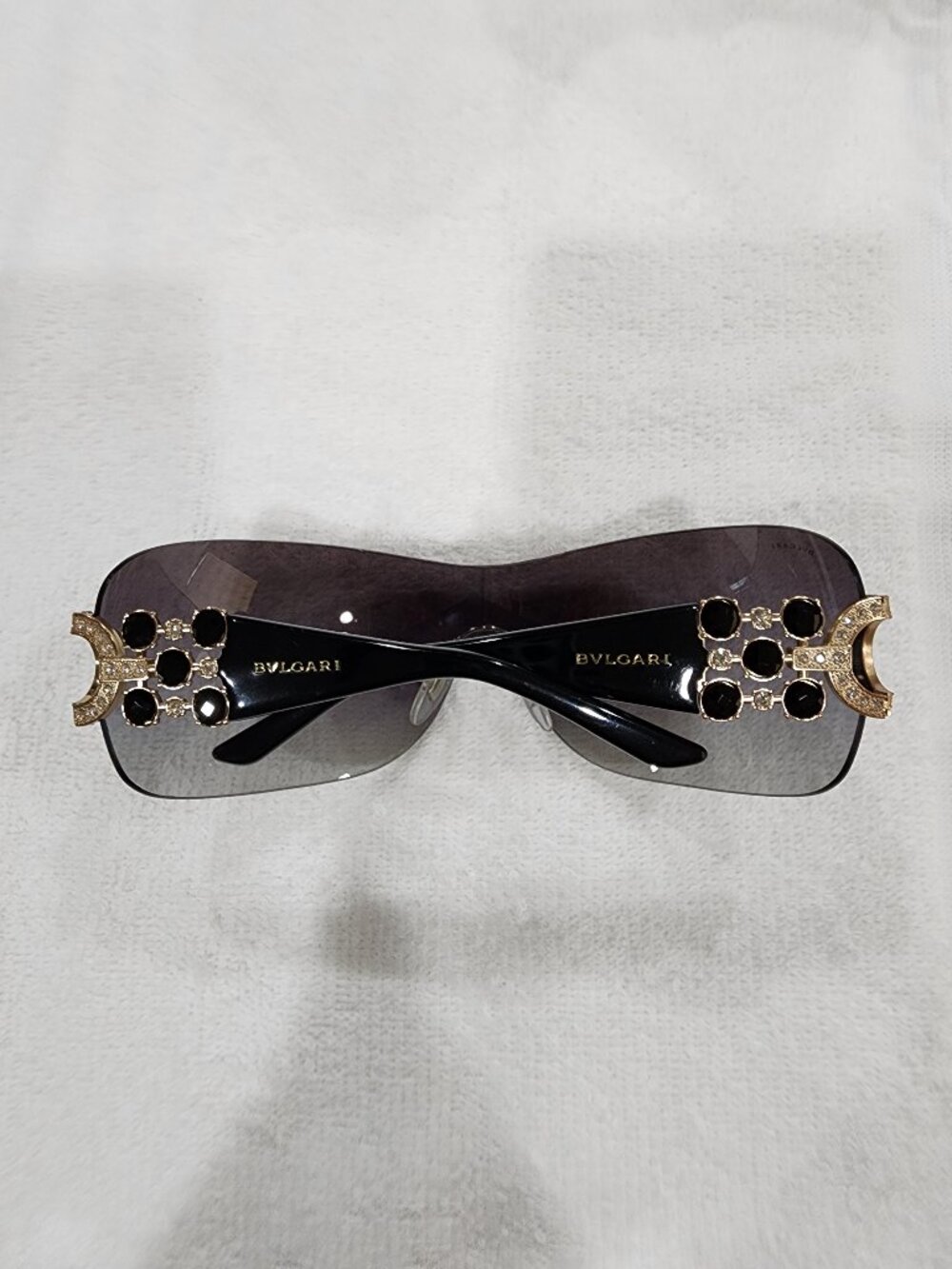Vintage Bvlgari shield sunglasses, Swarovski crystals, gold metal trim